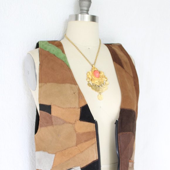Vintage 60's Leather vest tunic Patchwork fish scale hippie western Free People - Picture 7 of 11